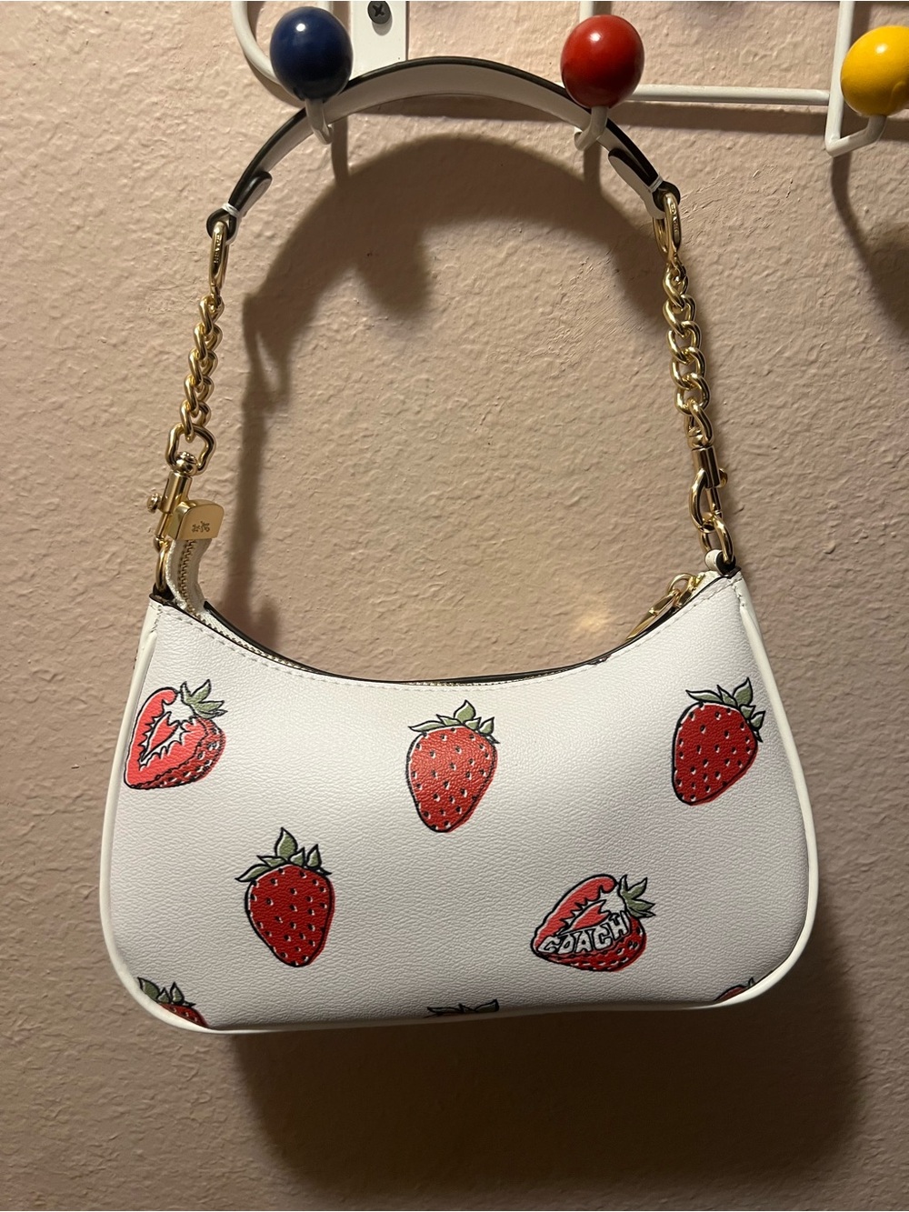 COACH White Strawberry Print Leather Shoulder Bag with Gold Hardware - Picture 2 of 3